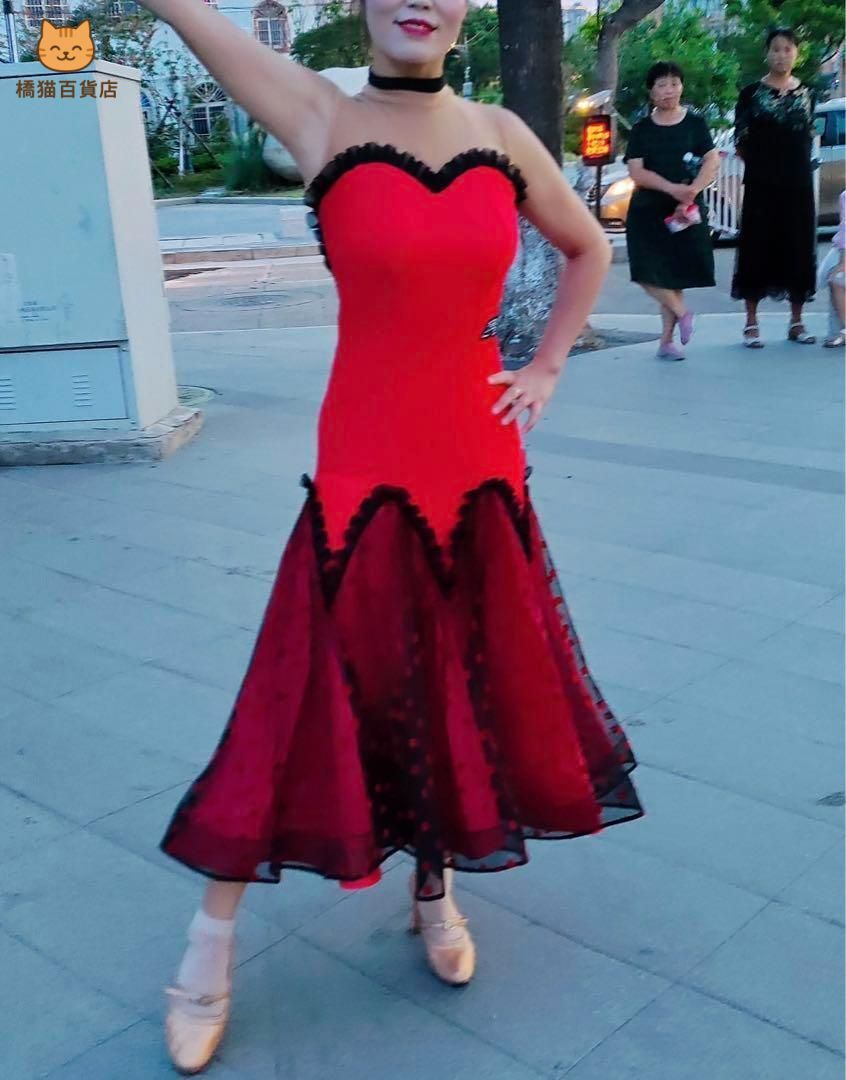 社交ダンス ドレス ダンスドレス 裾広 赤 黒 ノースリーブ モダン