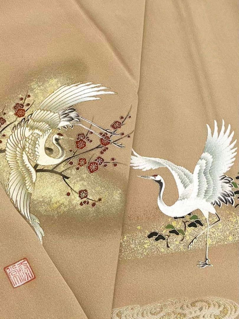 色留袖 琳派 作家物 落款入 一つ紋 鶴 鳥 金彩 正絹 X500