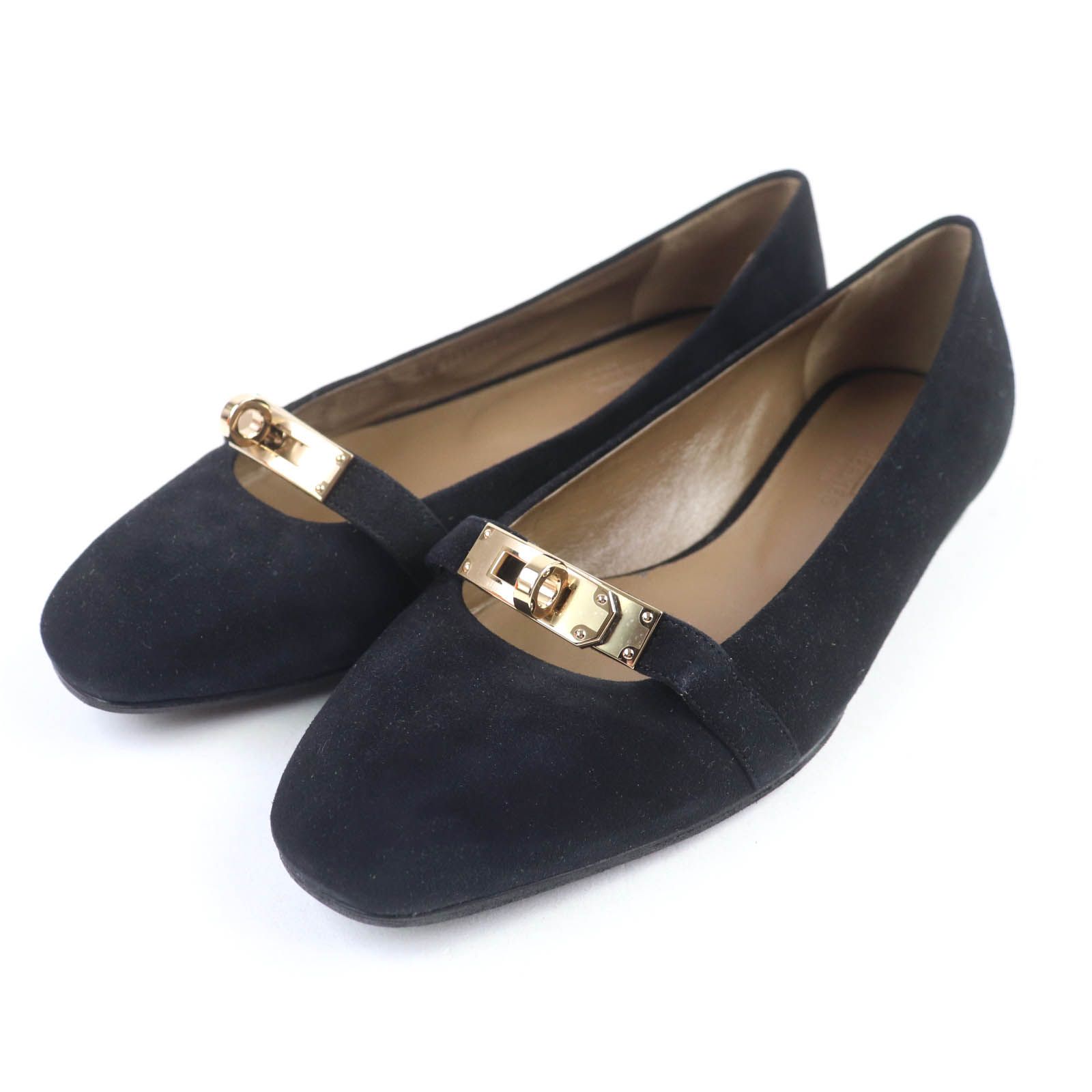 HERMES エルメス ビルバオ ゴールド金具 ケリーバックル スクエアトゥ スウェードレザー フラット パンプス ブラック 35.5 き イタリア製 レディース