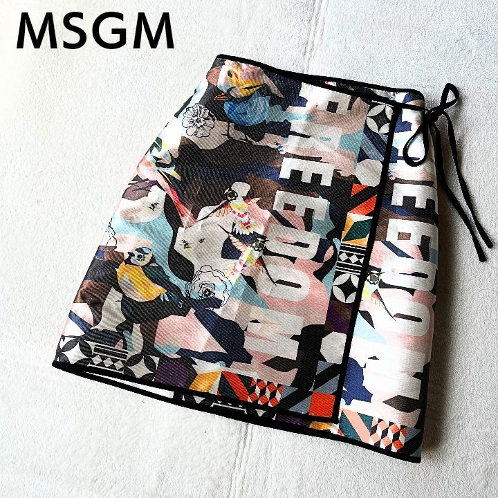 MSGM エムエスジイエム 総柄 巻きスカート 膝丈 マルチカラー 鳥