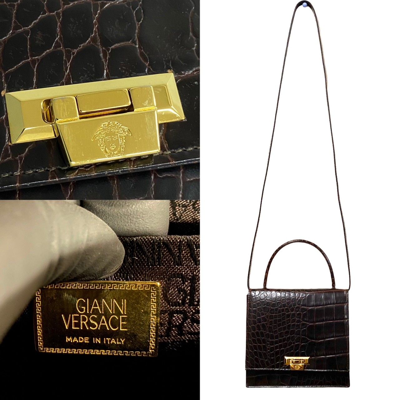 極 美品 袋付き VERSACE ヴェルサーチ メデューサ 金具 クロコ