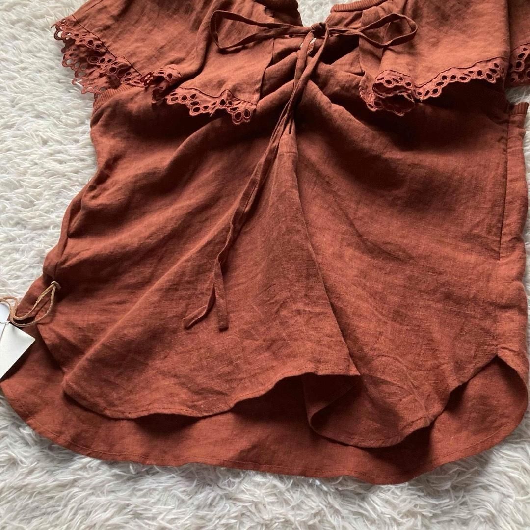 ▲1点物ハンドメイド/焦げ茶リネン１００％フリル袖ゆるブラウス：M～L▼ △1点物ハンドメイド&frasl;焦げ茶リネン１００％フリル袖ゆるブラウス：M～L▽