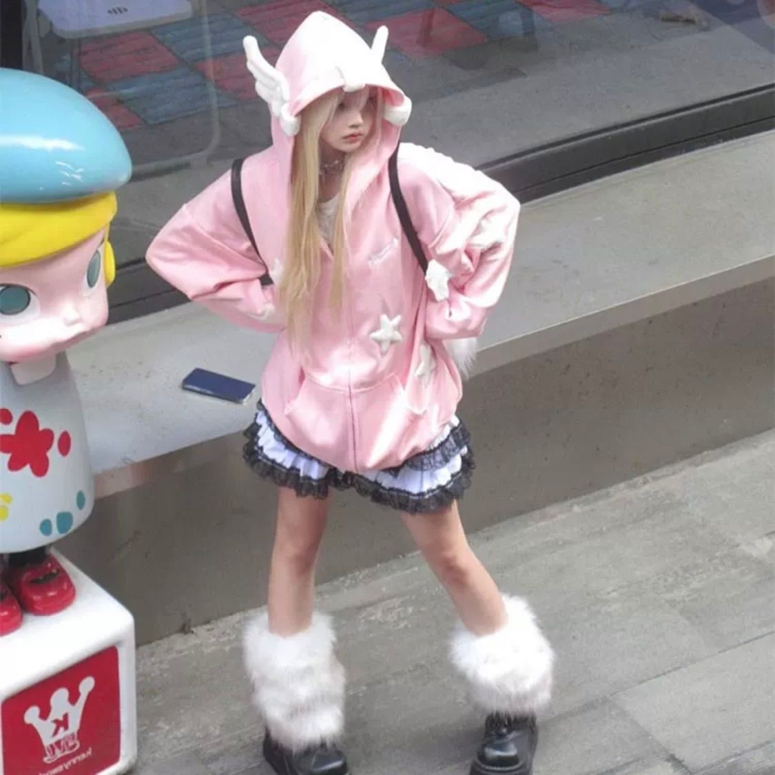 ピンク 星 天使の羽フード サブカル 服 秋 春 冬 フード付き パステル