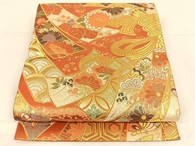 作家物 落款 金色の小鳥柄 袋帯 正絹 美品 ☆半襟おまけ付き！