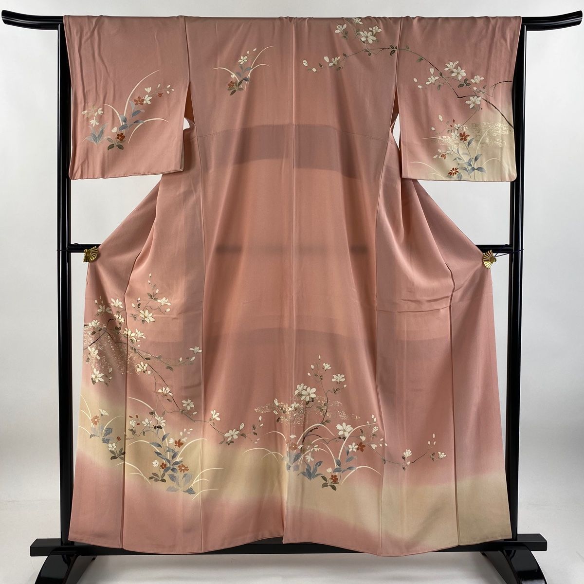 訪問着 身丈158cm 裄丈67cm M 袷 鈴乃屋 枝花 草花 金糸 金彩 ピンク 正絹 秀品