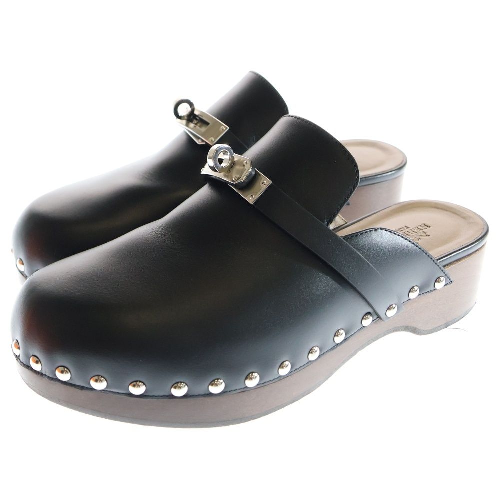 HERMES エルメス カルロッタ ケリー レザー サボ サンダル ローカットシューズ ミュール シルバー金具 ブラック レディース