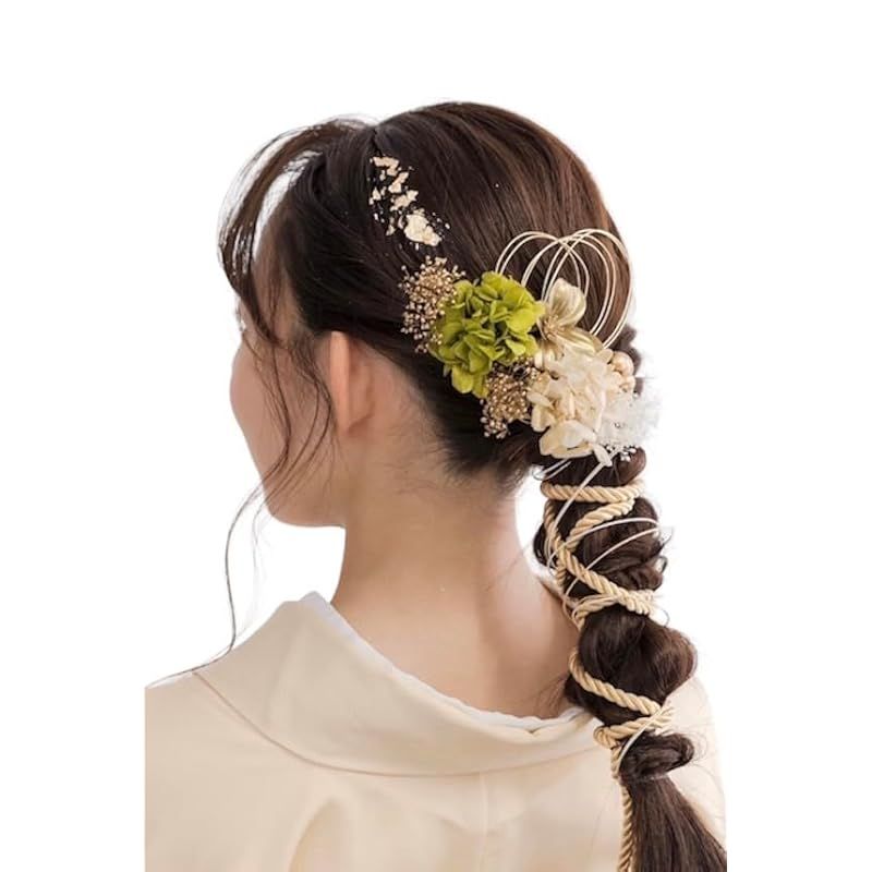 Lomeri ロメリ 【11色展開】髪飾り ロープアレンジ ドライフラワー 成人式 卒業式 結婚式 振袖 (グリーン)K1 0