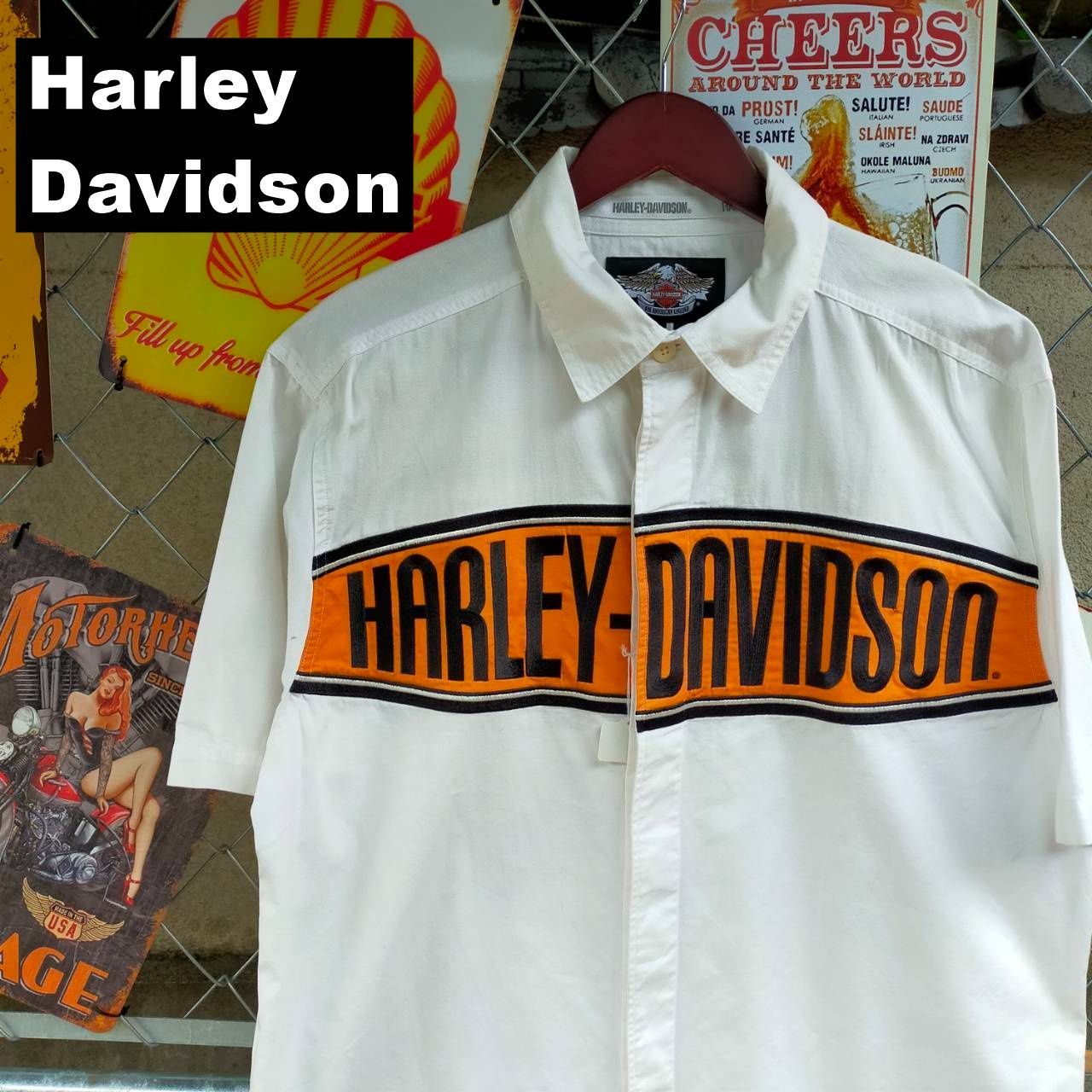 HARLEY-DAVIDSON ハーレーダビッドソン 半袖シャツ Mサイズ ワーク 刺繍 ロゴ 白 ホワイト 10655