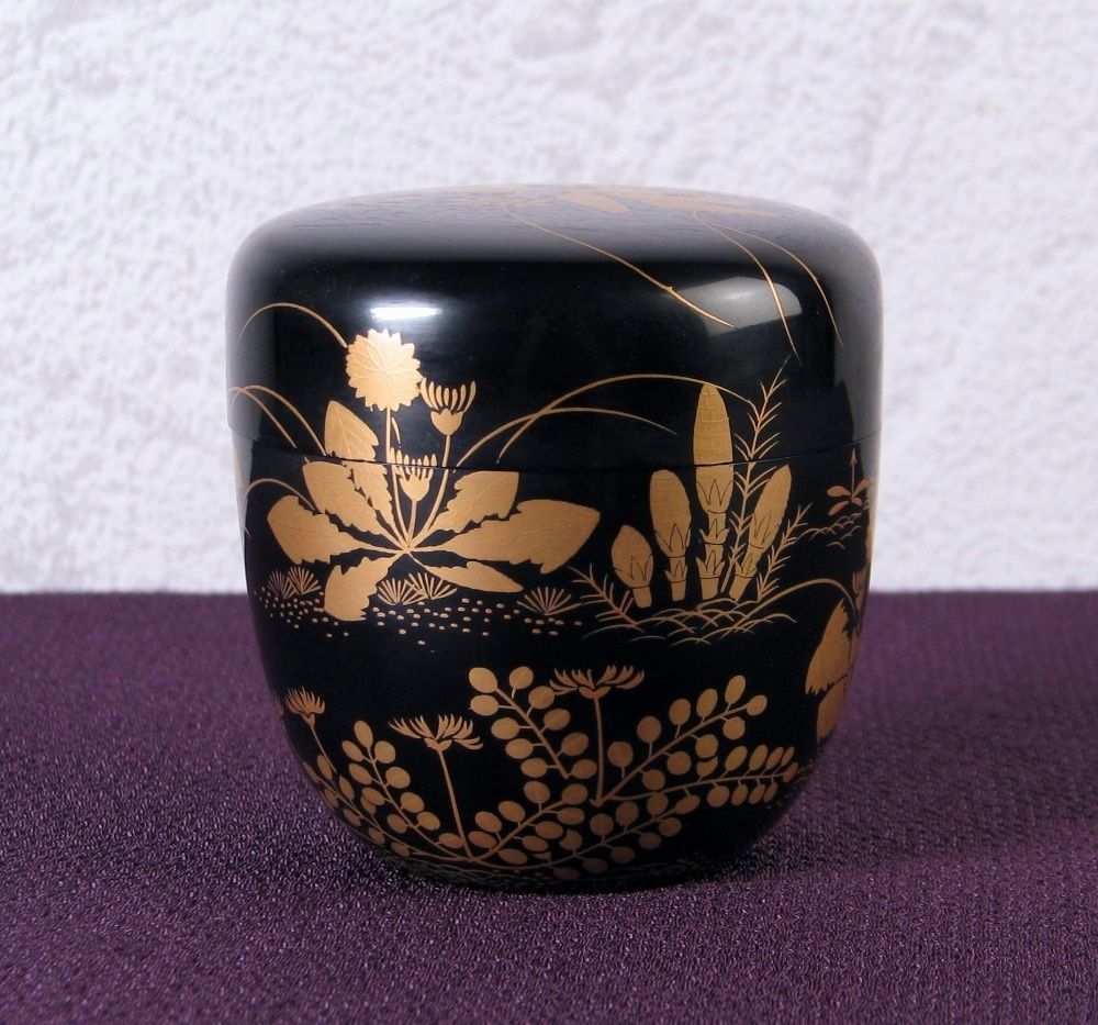 熊谷秀穂作 春草蒔絵 中棗 共箱 茶道具 25j004