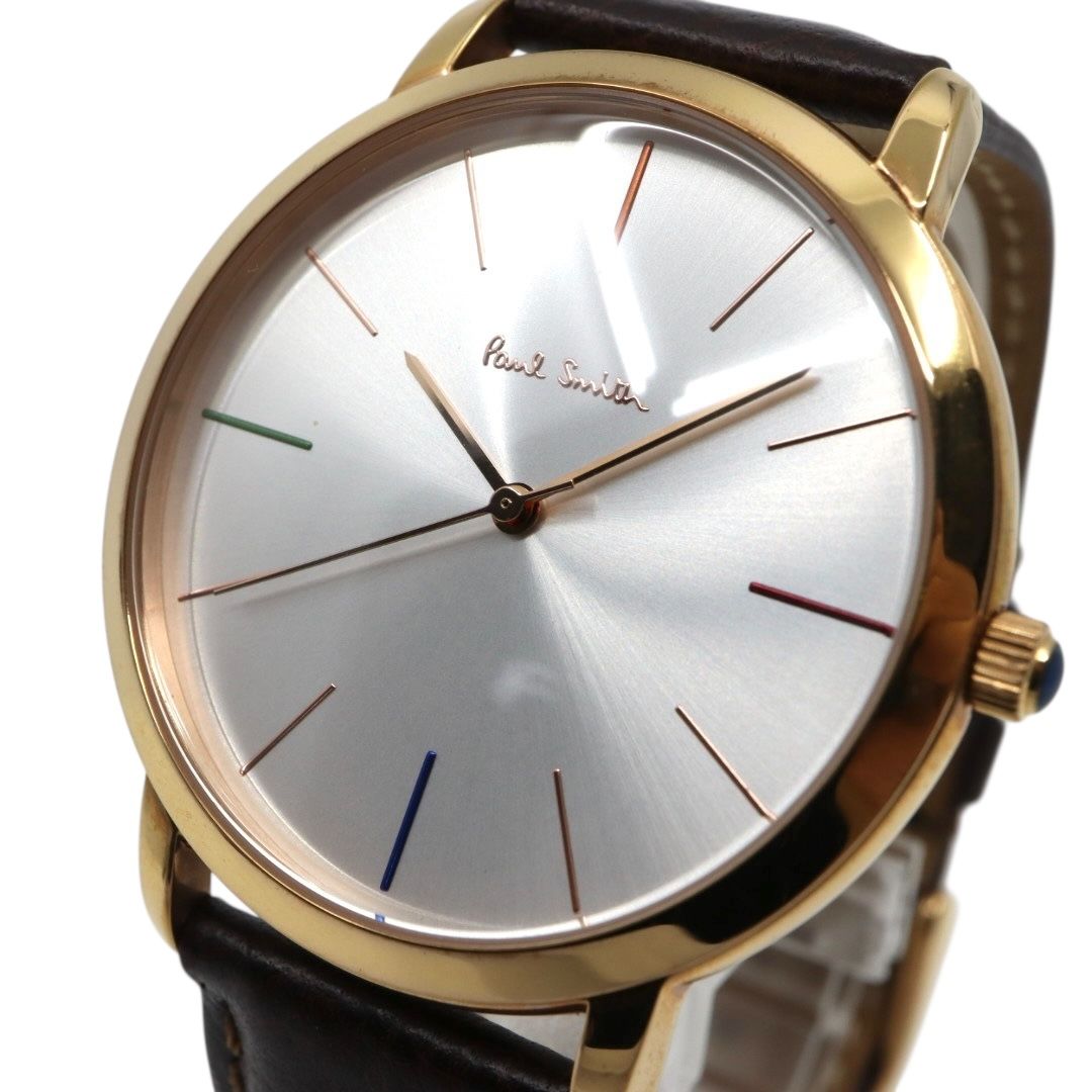 ポールスミス 腕時計 The City Slim 1005 メンズ クオーツ アナログ シルバーダイヤル ブラウンレザーベルト ゴールドケース シンプル クラシック ビジネス ドレスウォッチ エレガント 薄型 クリーニング済み G2
