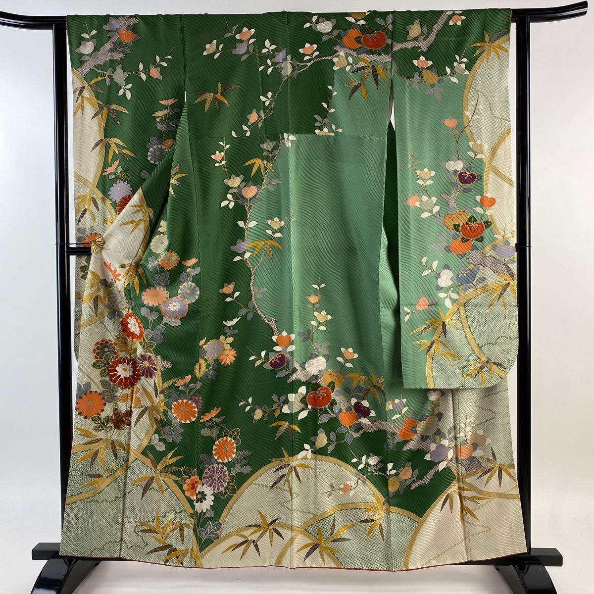 振袖 身丈159.5cm 裄丈63.5cm S 袷 菊 竹 金糸 金彩 緑 正絹 