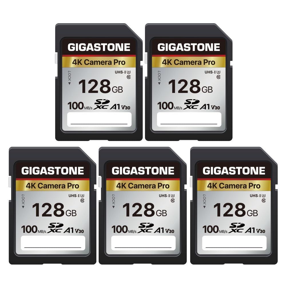 Gigastone SDカード 128GB 5枚セット メモリーカード A1 V30 U3 Class 10 SDXC 高速 4K UHD - Full HD ビデオ Canon Nikon など デジタルカメラ 一眼レフ対応 ミニケース5個付き