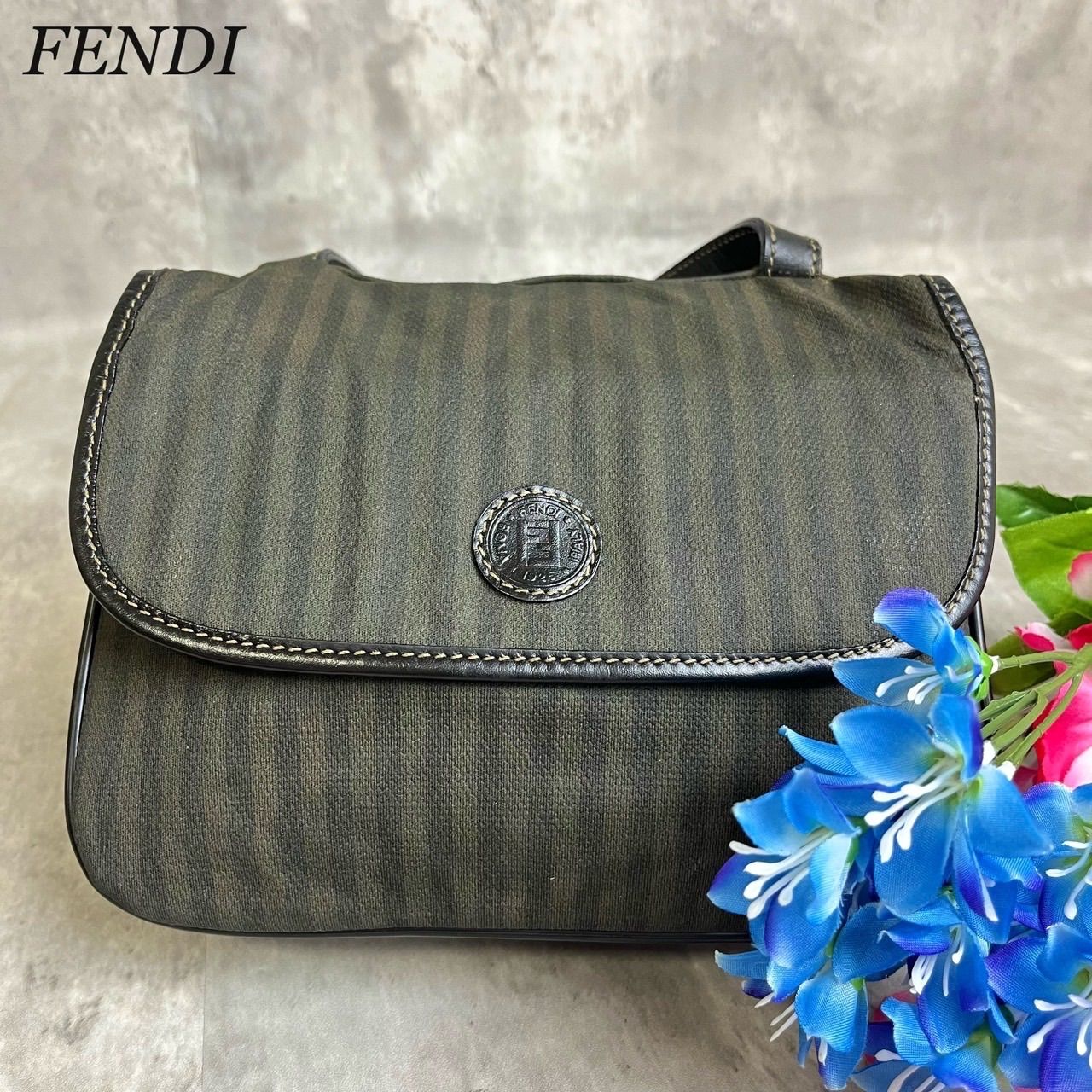 良品✨フェンディハンドバッグストライプペカンキャンバス