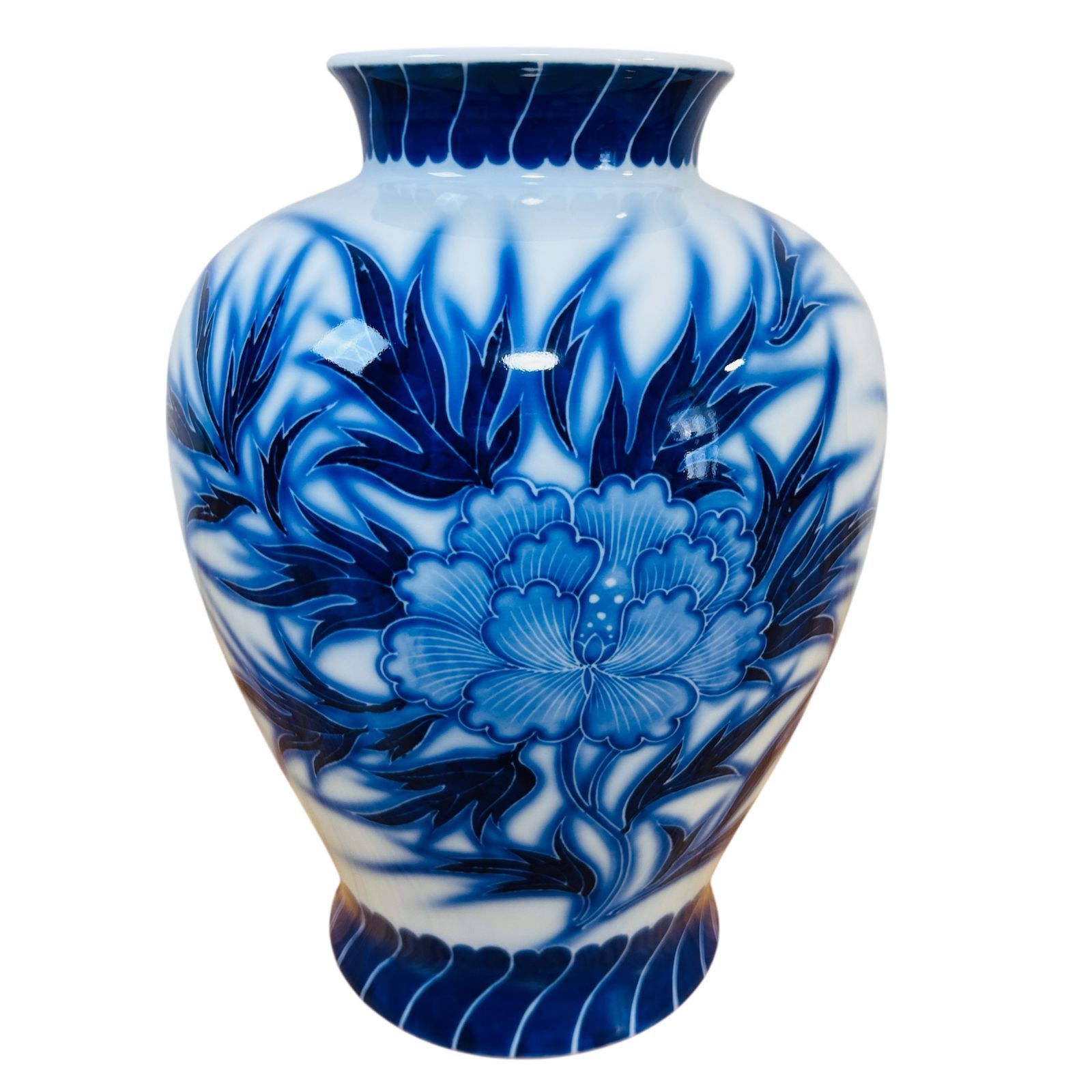 宮内庁御用達 深川製磁 有田焼 大型 花瓶 フラワーベース 絵付け 牡丹 白 青
