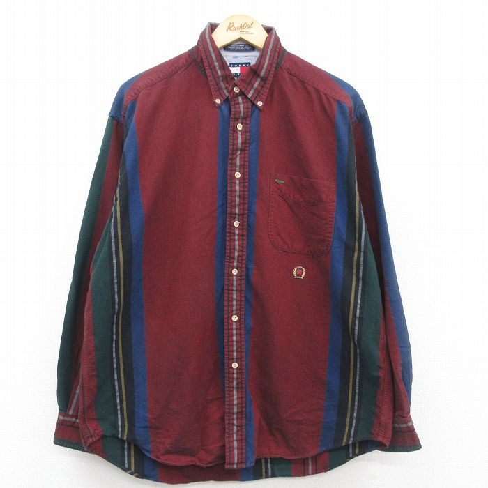 XL/古着 トミーヒルフィガー 長袖 ブランド シャツ メンズ 90s ワンポイントロゴ コットン ボタンダウン エンジ他 ストライプ 23jul29 中古