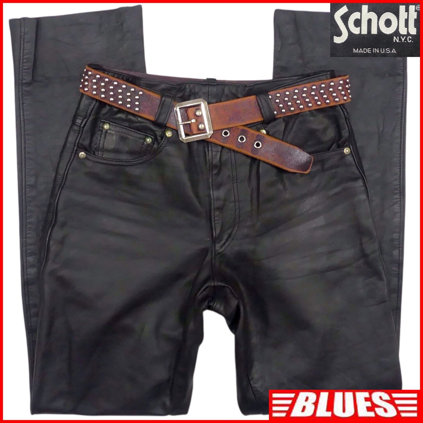 Schott ショット レザーパンツ W32 本革 メンズ 黒 ブラック USA