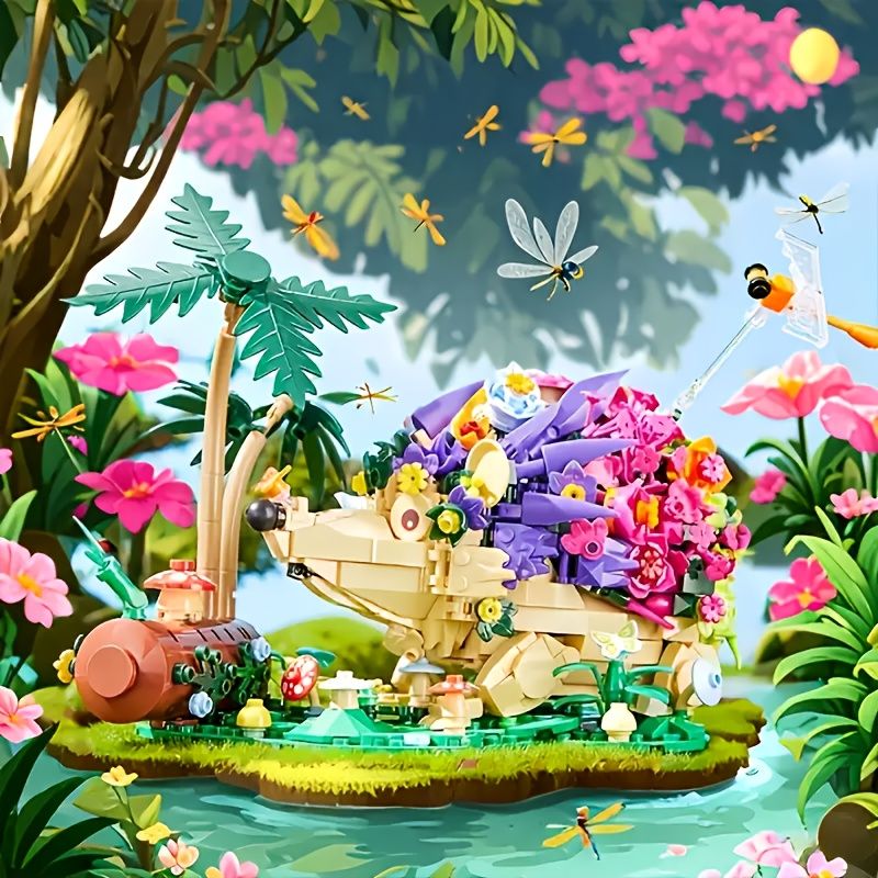 1000個のフェアリーフラワーヘッジホッグビルディングブロックセット 永遠の花モデルキットを特集し 大きなヘッジホッグ トンボ 花の景色を備えた高品質ABS製 リビングルームやベッドルー