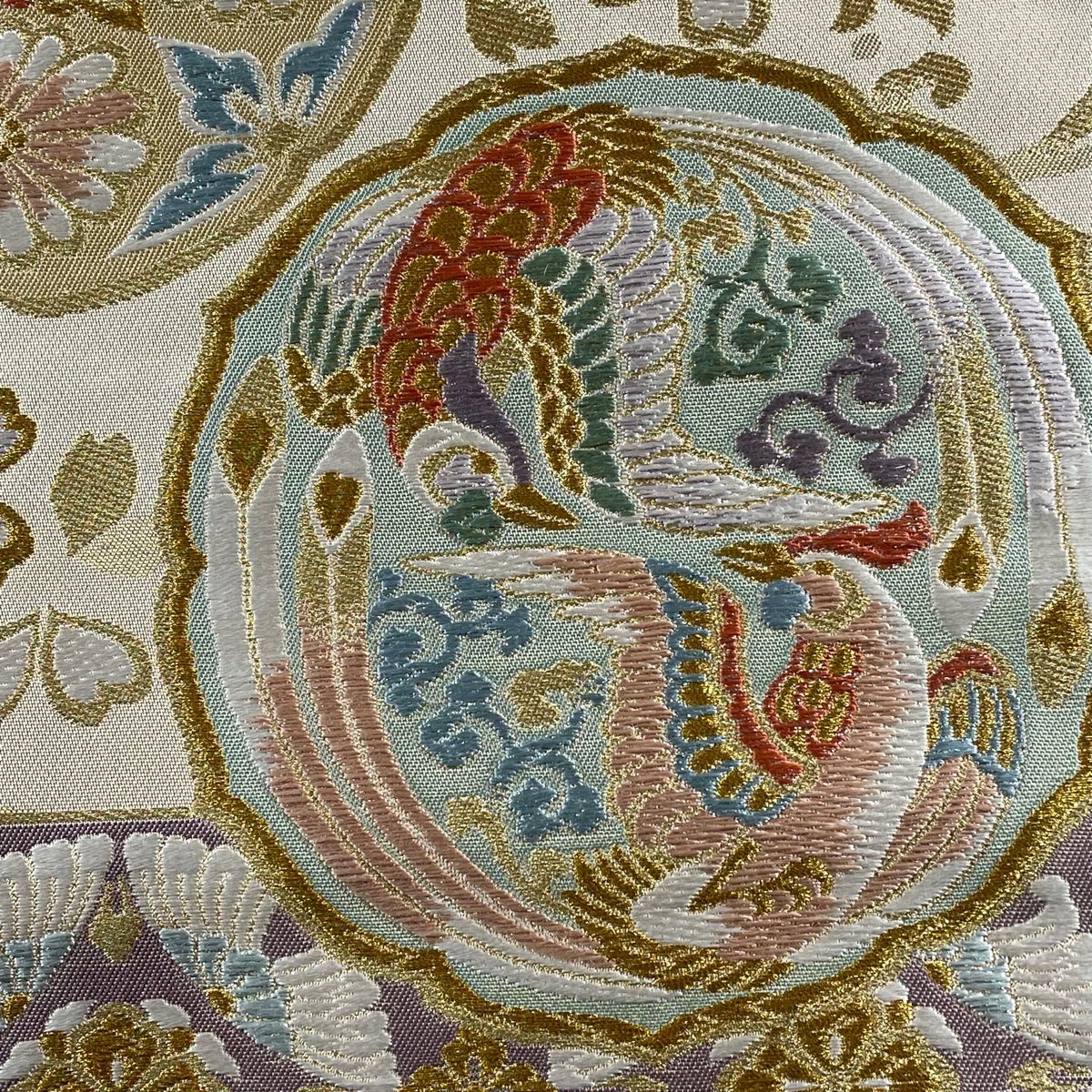 袋帯 美品 秀品 草花 波 金糸 箔 ベージュ 六通 正絹 【中古