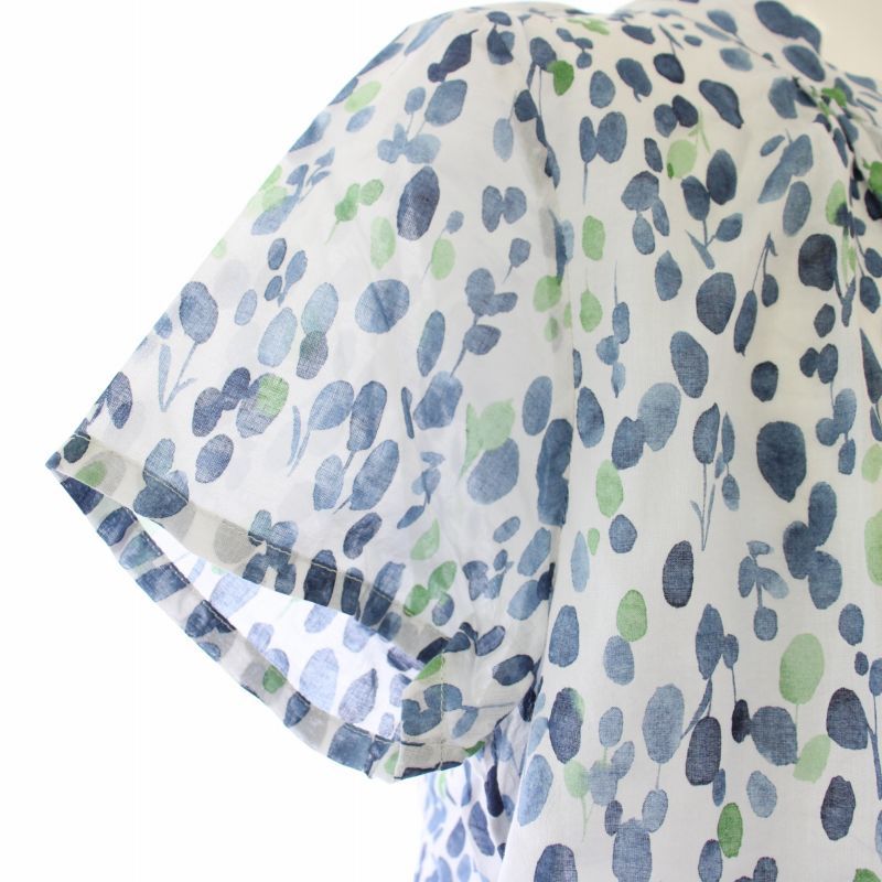 パラスパレス Pallas Palace ブラウス バンドカラー 半袖 総柄 2 白 紺