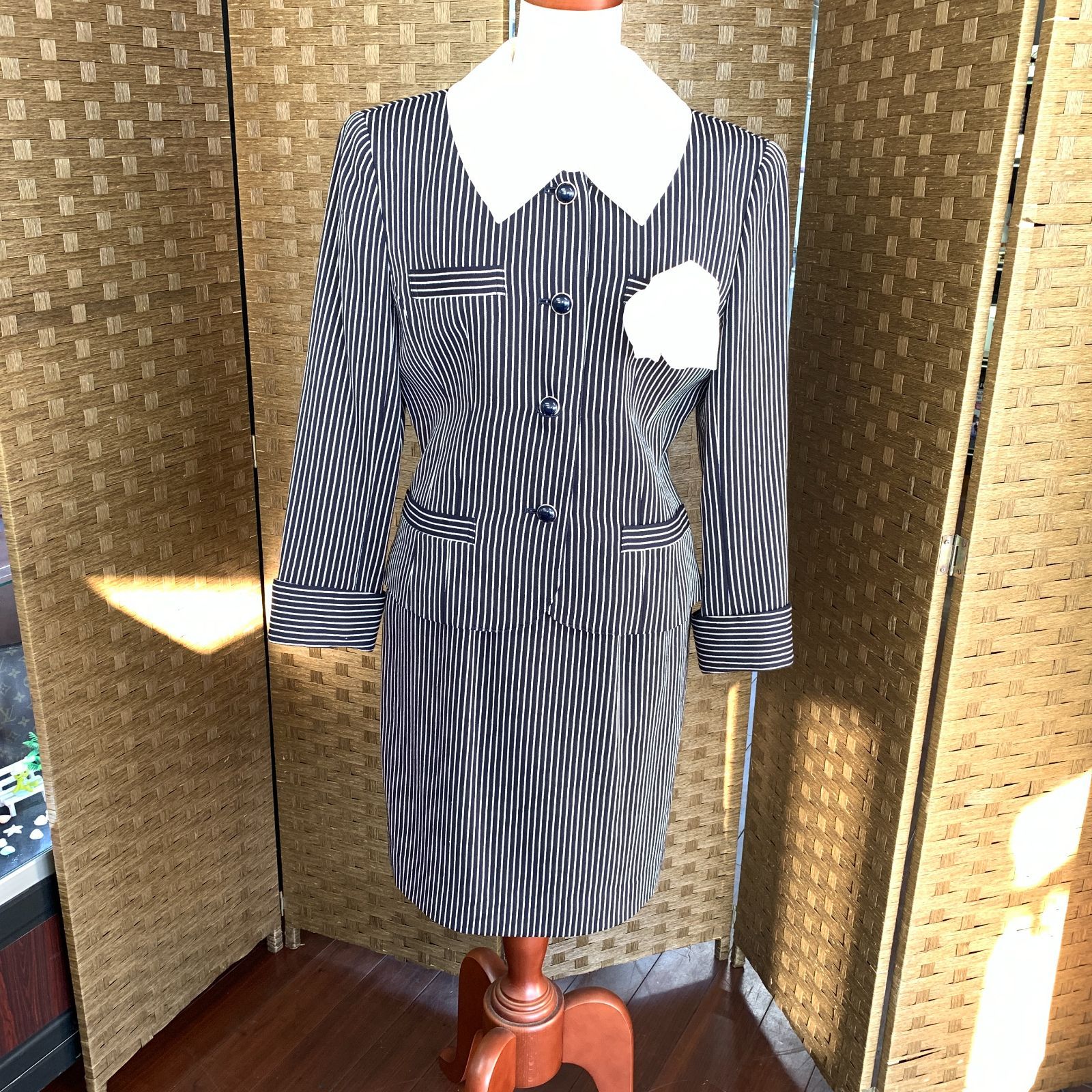 f001 H Courreges クレージュ 9AR ストライプ セットアップ スーツ