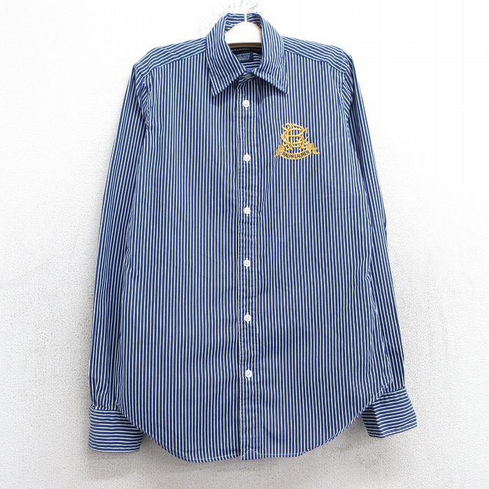 古着 ラルフローレン スポーツ 長袖 ブランド シャツ キッズ ボーイズ 子供服 ワンポイントロゴ コットン 紺他 ネイビー ストライプ 25feb0