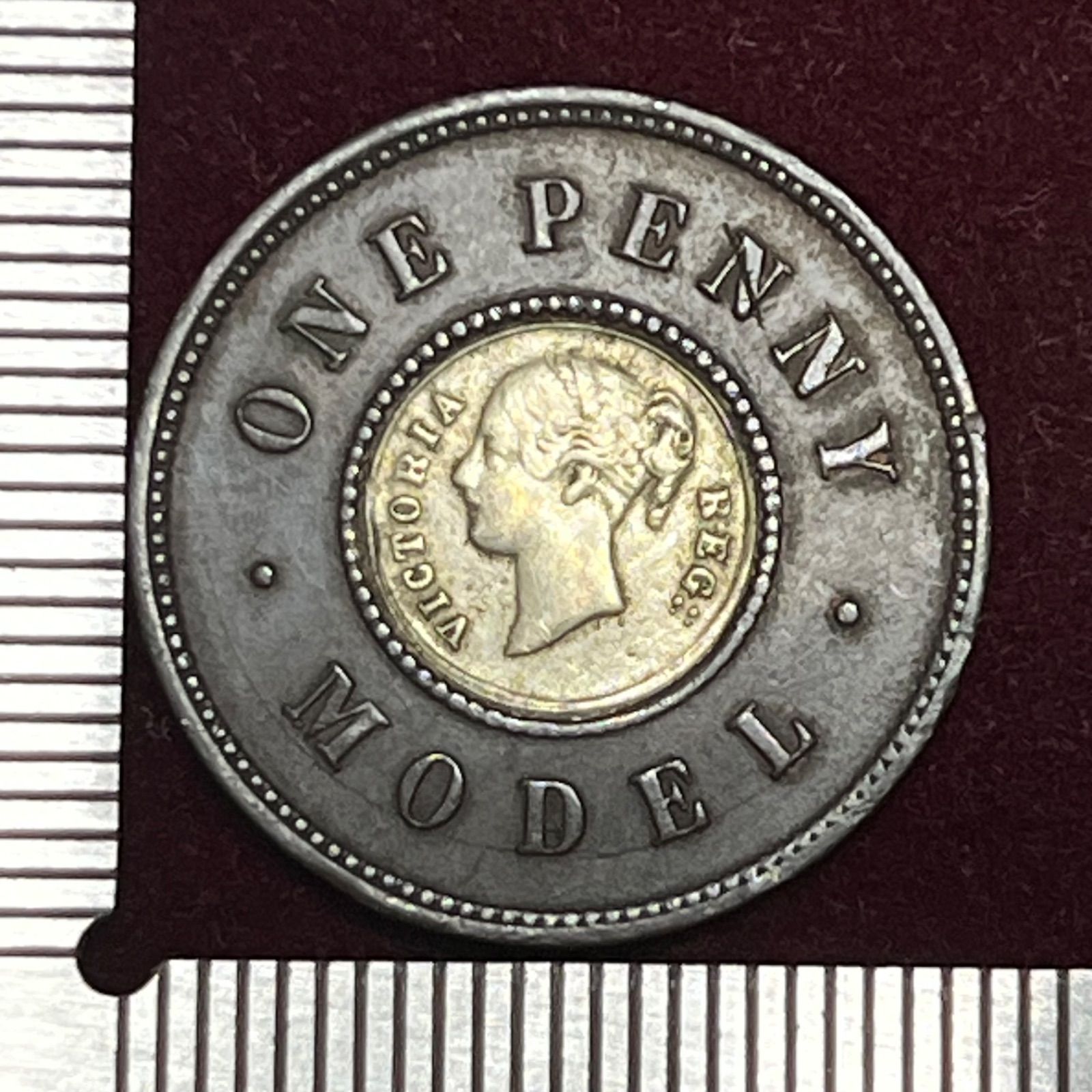 試作銅貨 1840年代 英国 ONE PENNY MODEL 銀芯タイプ ヴィクトリア女王 模型貨幣 Bimetallic Model Penny with Silvered Core 430
