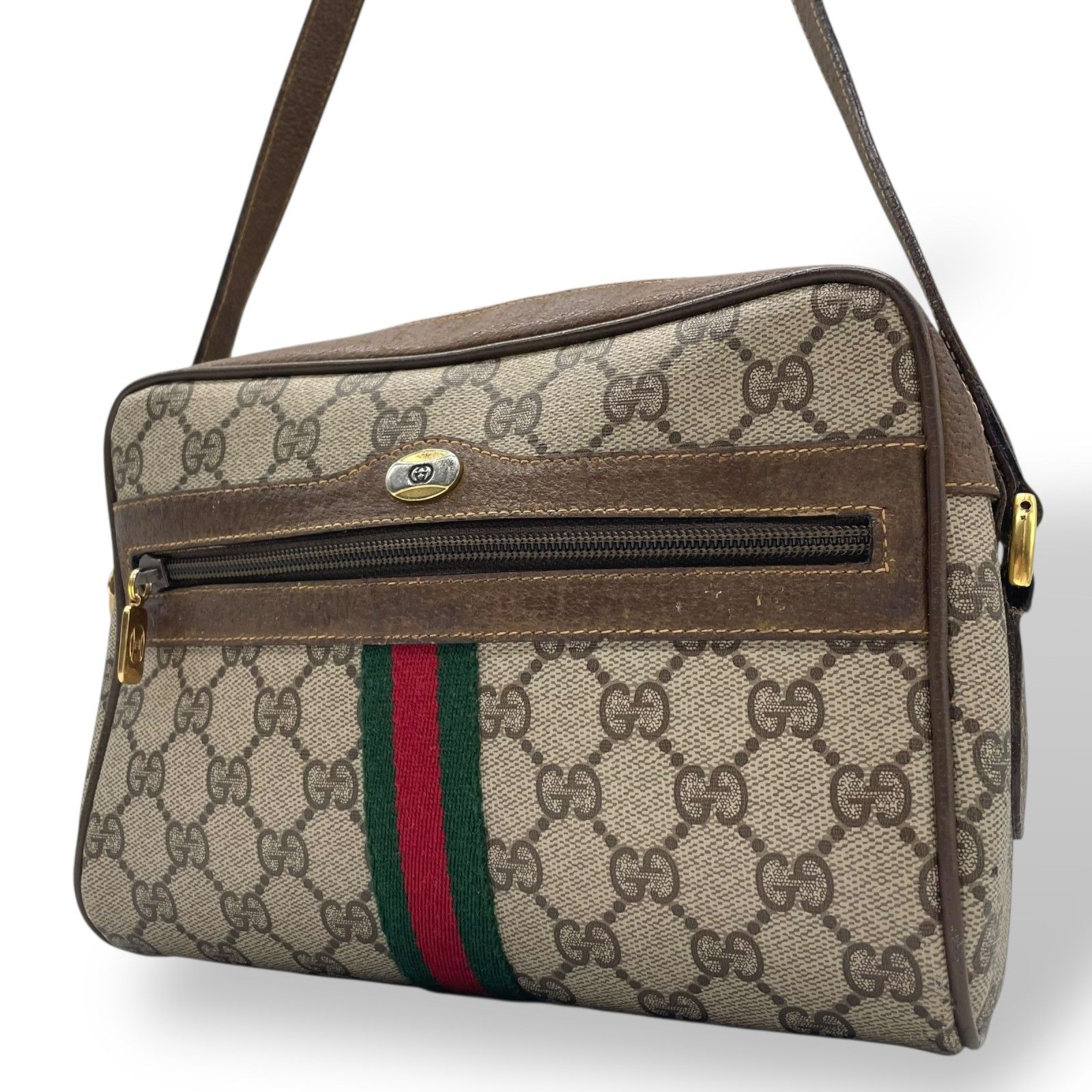GUCCI グッチ グッチ GGスプリーム シェリーライン ショルダーバッグ 茶 ブラウン グレーベージュ ゴールド金具 カメラバッグ 斜め掛け可 ヴィンテージ レディース K9