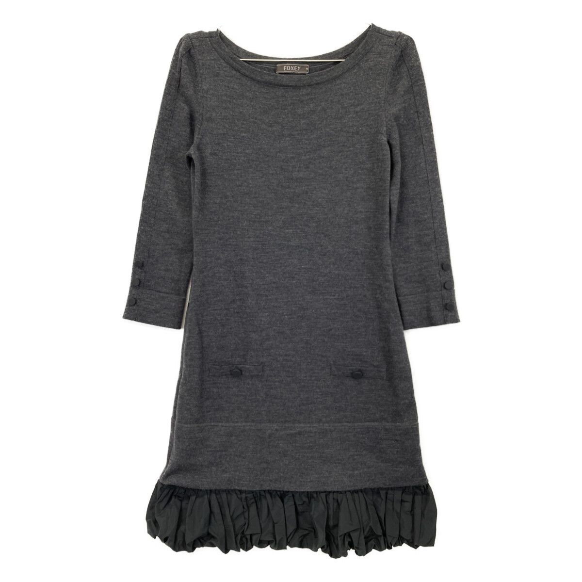 FOXEY フォクシー 26052 グレー ナイロンスカート ウールニット ワンピース 38