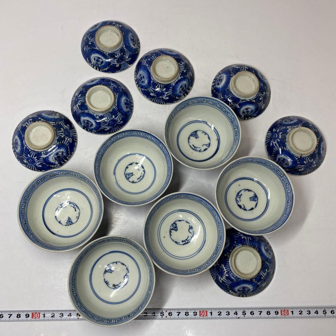 骨董　古伊万里　蓋茶碗　染め付け　茶碗　アンティーク　6客 古伊万里 染付 牡丹唐草 蓋付茶碗 - 生活骨董と古布のアンティーク