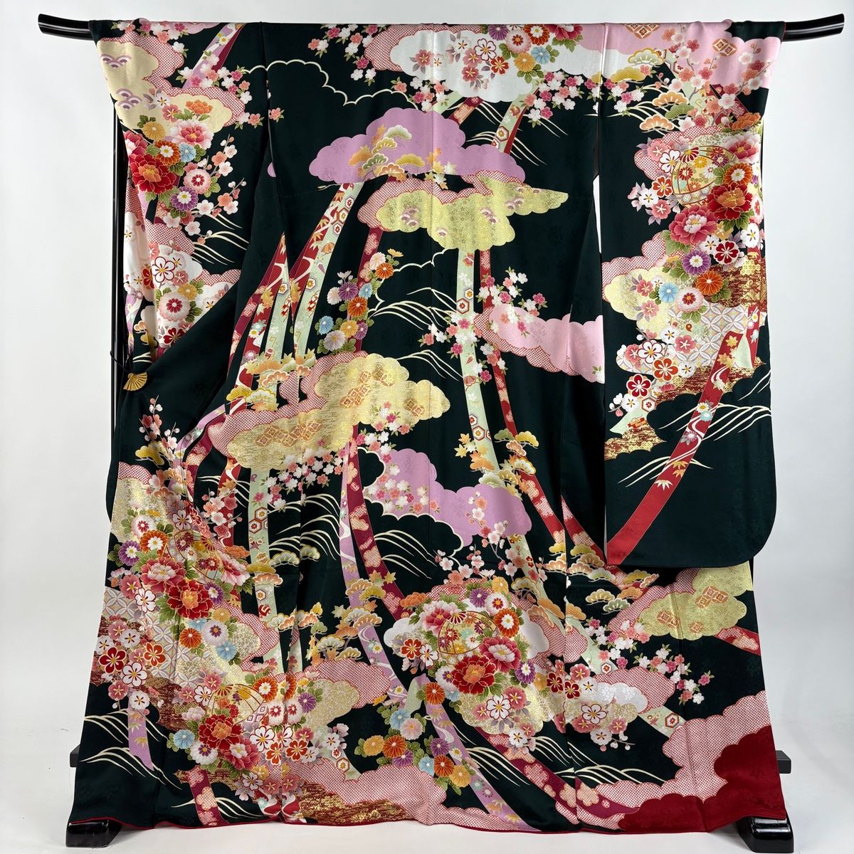 振袖 身丈172cm 裄丈73cm L 袷 草花 鞠 金糸 金彩 深緑 正絹 名品