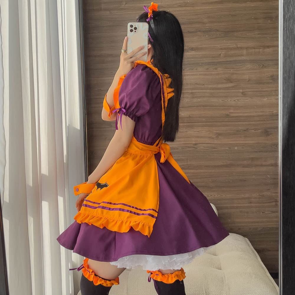 [RPFLQ] ハロウィン メイド服 オレンジ コウモリ コスプレ ハロウィン 仮装 レディース エプロン カチューシャ 衣装 可愛い 大人用 ワンピース 7点セット ニーハイソックス付き