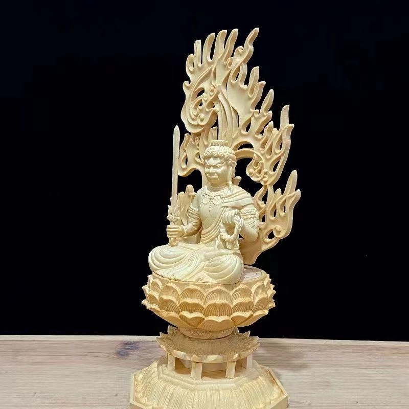 不動明王 彫刻 柘植眼入倶利伽羅不動明王 立4.5寸 総高24.5cm