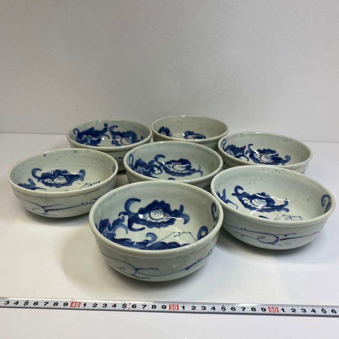 江戸後期 古伊万里 龍図鉢7客 蓋無木箱付 直径約16㎝ 東Y6