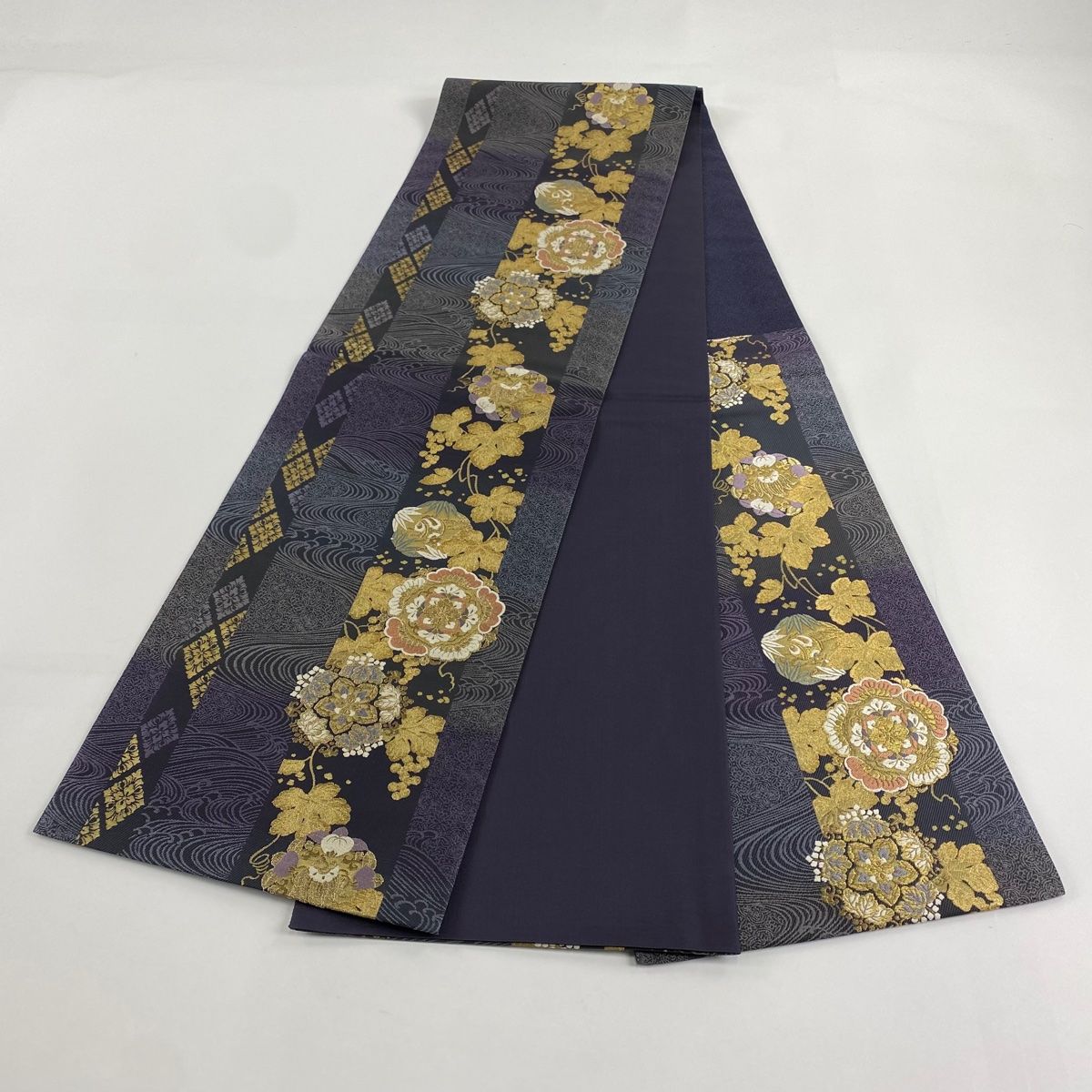 袋帯 美品 名品 じゅらく 落款 葡萄 松 金糸 箔 灰紫 六通 正絹