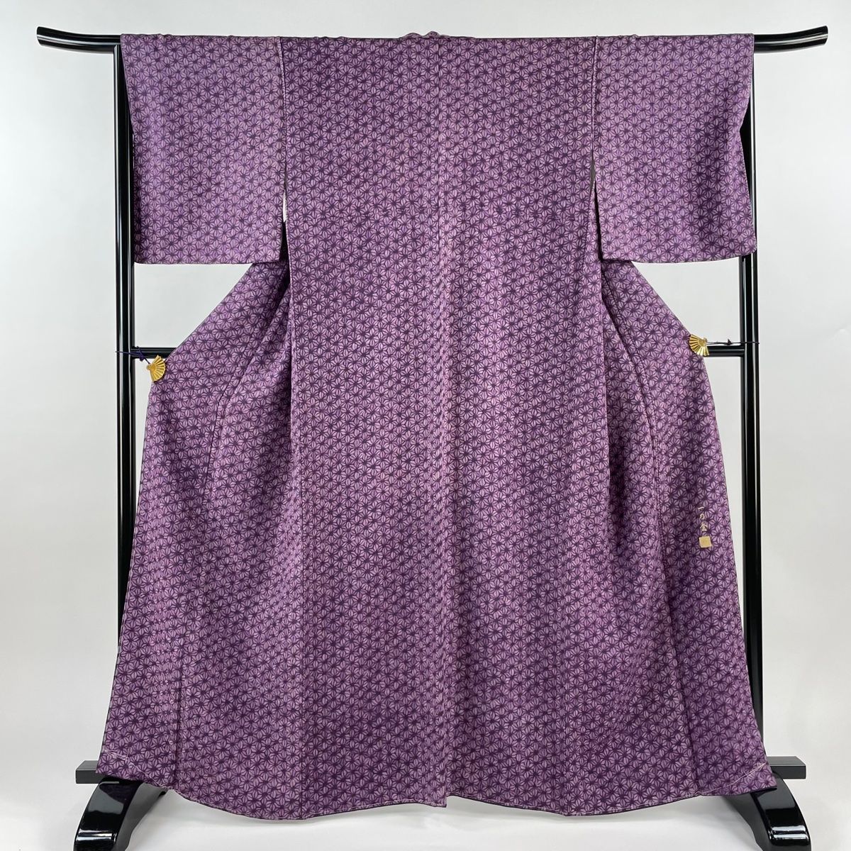 訪問着 身丈165cm 裄丈66.5cm M 袷 麻の葉 霞 灰色 正絹 名品 中古