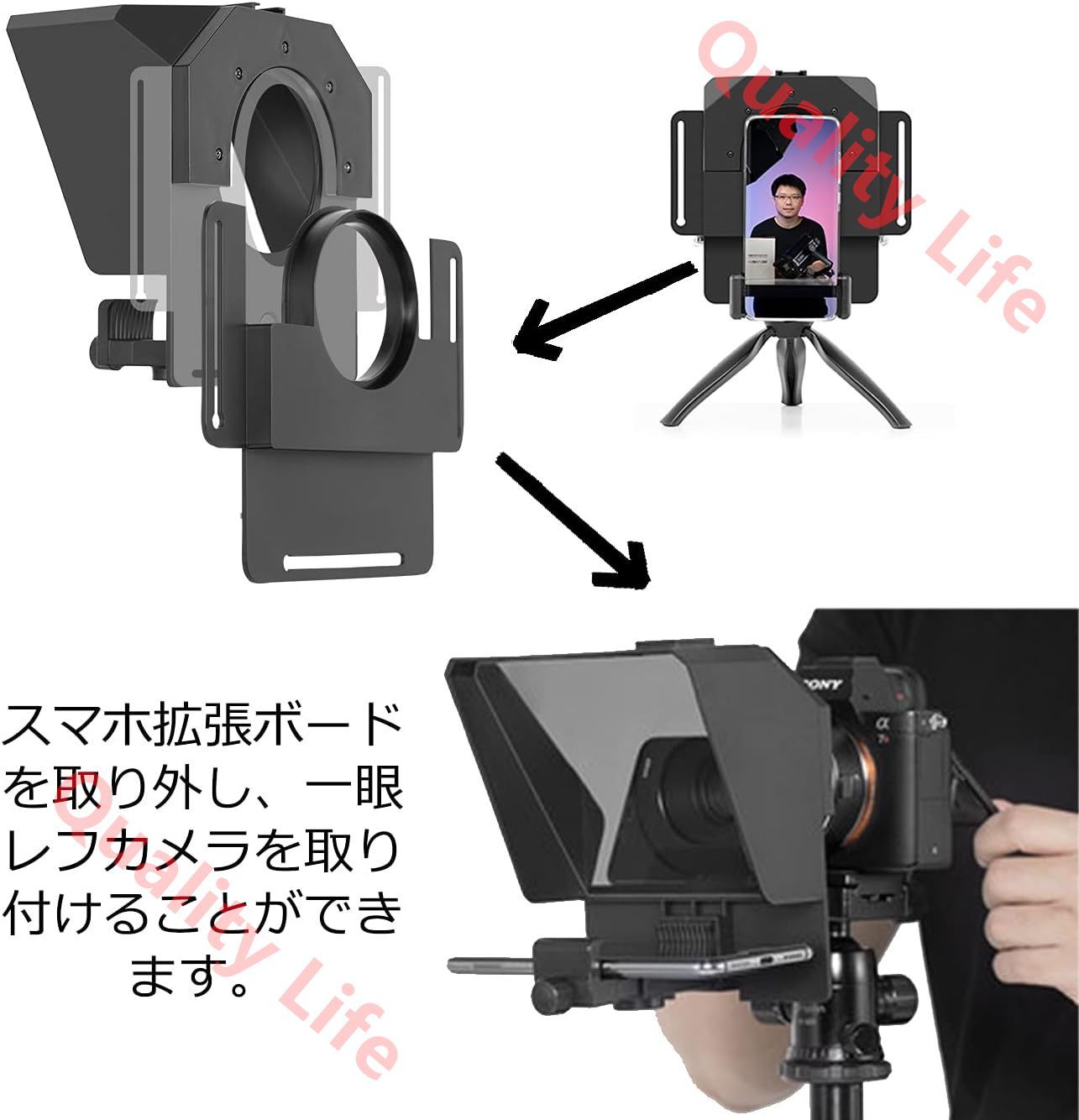 プロンプター スマホ|カメラ用 Android|IOS対応 リモコン|レンズアダプターリング|日本語取扱付き インタビュー|生放送|Vlog|Youtube|Facebook|ミーティング|テレビ番組の制作 標準付属品