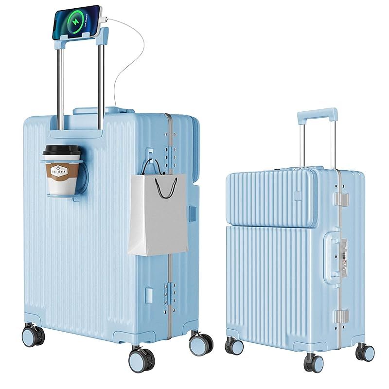 Ashard スーツケース フロントオープン キャリーケース ストッパー付き 機内持ち込み キャリーバッグ 携帯スタンド USBポート付き カップホルダー付き 隠しフック機能 超軽量 耐衝撃 静音 360度回転 ダブルキャスター アルミフレーム 0