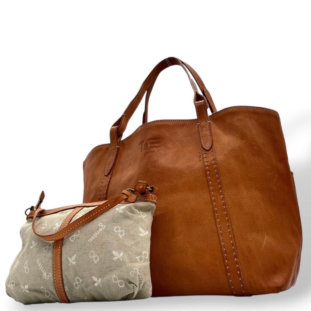 ✨希少✨genten ゲンテン トートバッグ レザー ブラウン色 専用ポーチ付 ゲンテンgentenトートバッグ ゲンテン トートバッグ 茶 ポーチ付き A4