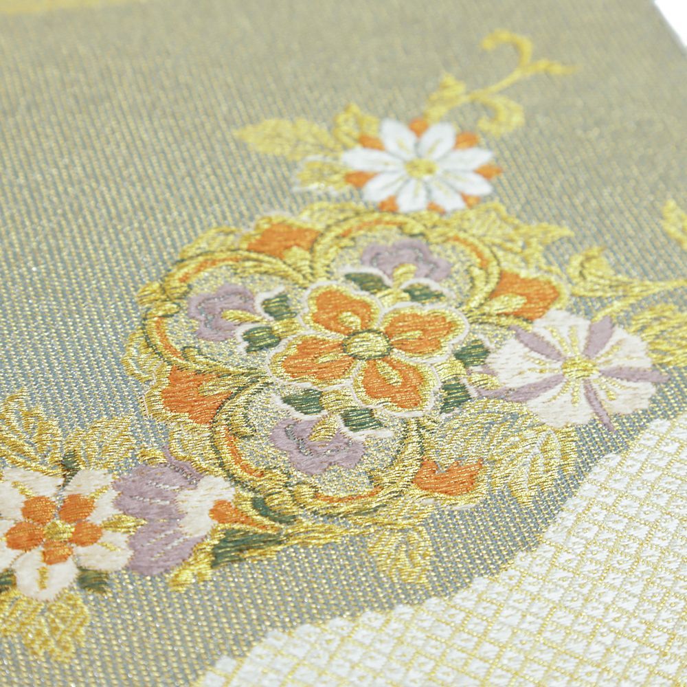 金糸 流水に華紋模様 織り出し 袋帯 フォーマル 正絹 二重太鼓 金糸 流水に華紋模様 織り出し 袋帯 フォーマル 正絹 二重太鼓