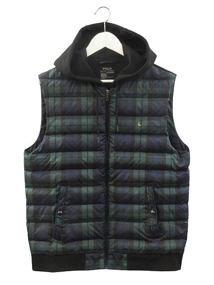 ポロ ラルフローレン POLO RALPH LAUREN  チェック柄 フード付き ダウンベスト M グリーン ジップアップ アウター