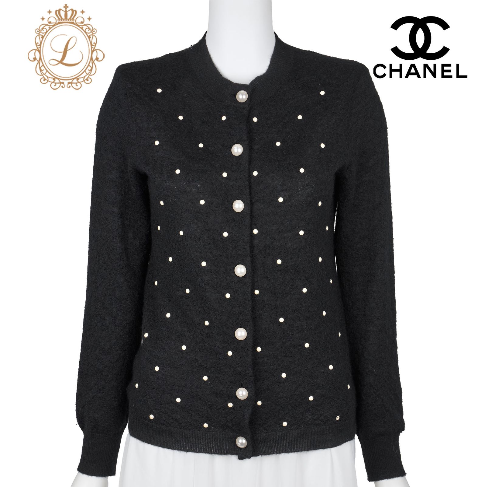 返品可 CHANEL シャネル ココボタン パール カーディガン 34 黒 トップス 長袖 カットソー アウター ブランド アパレル
