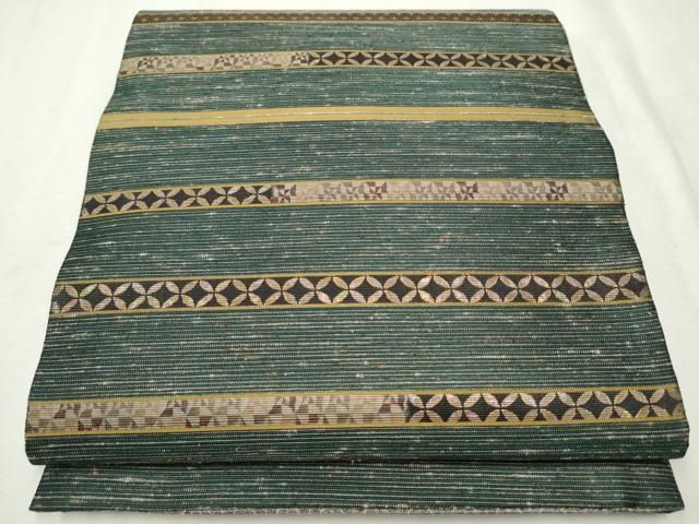 平和屋着物○両面 太鼓柄袋帯 紬地 螺鈿箔 横段吉祥文 金糸 やまと誂製  