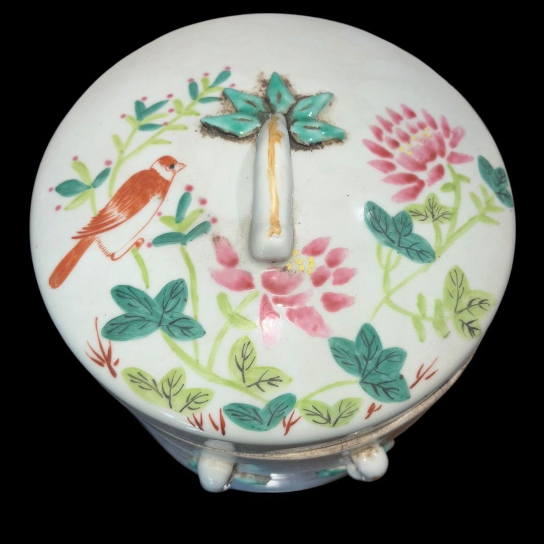 中国美術 希少 色絵 蓋つき Jar 花鳥文 時代物 刻印あり 中国