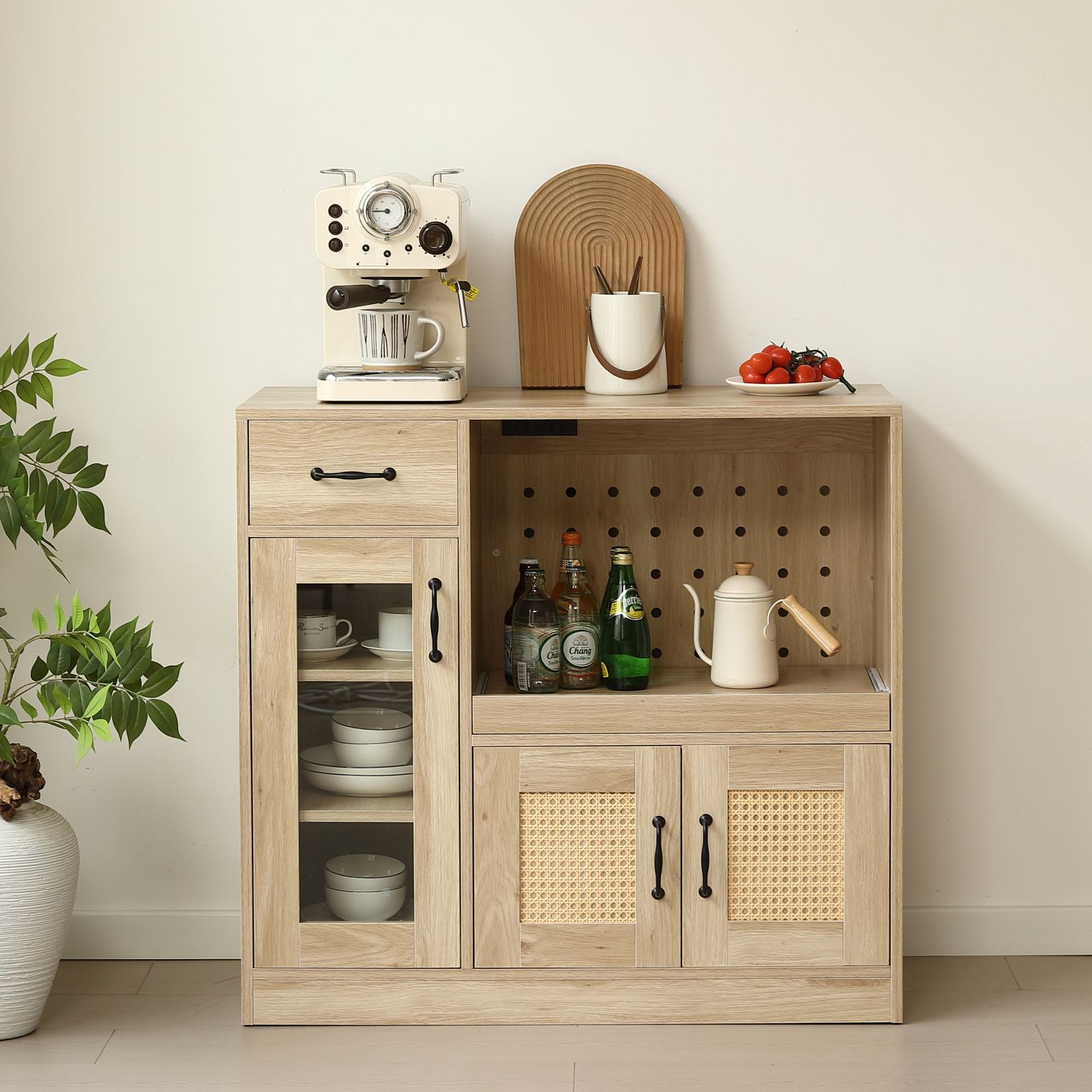 木製レンジボード ガラス扉付き 幅88cm 木製レンジボード ガラス扉付き