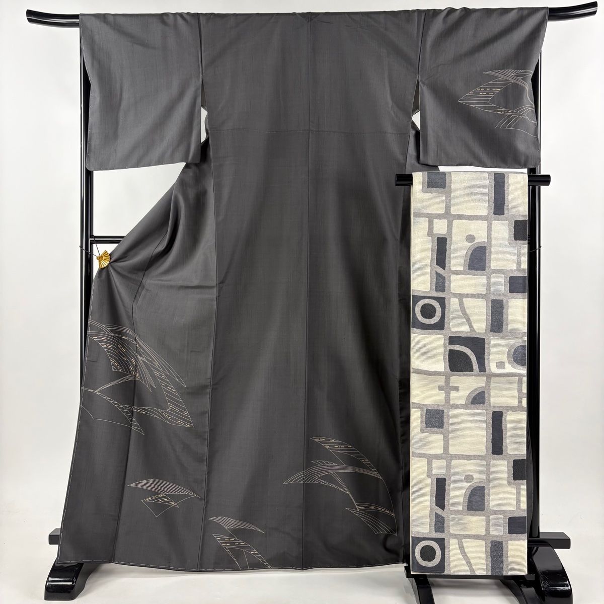 付下げ 身丈158.5cm 裄丈64.5cm M 袷 紬地 縞 幾何学 