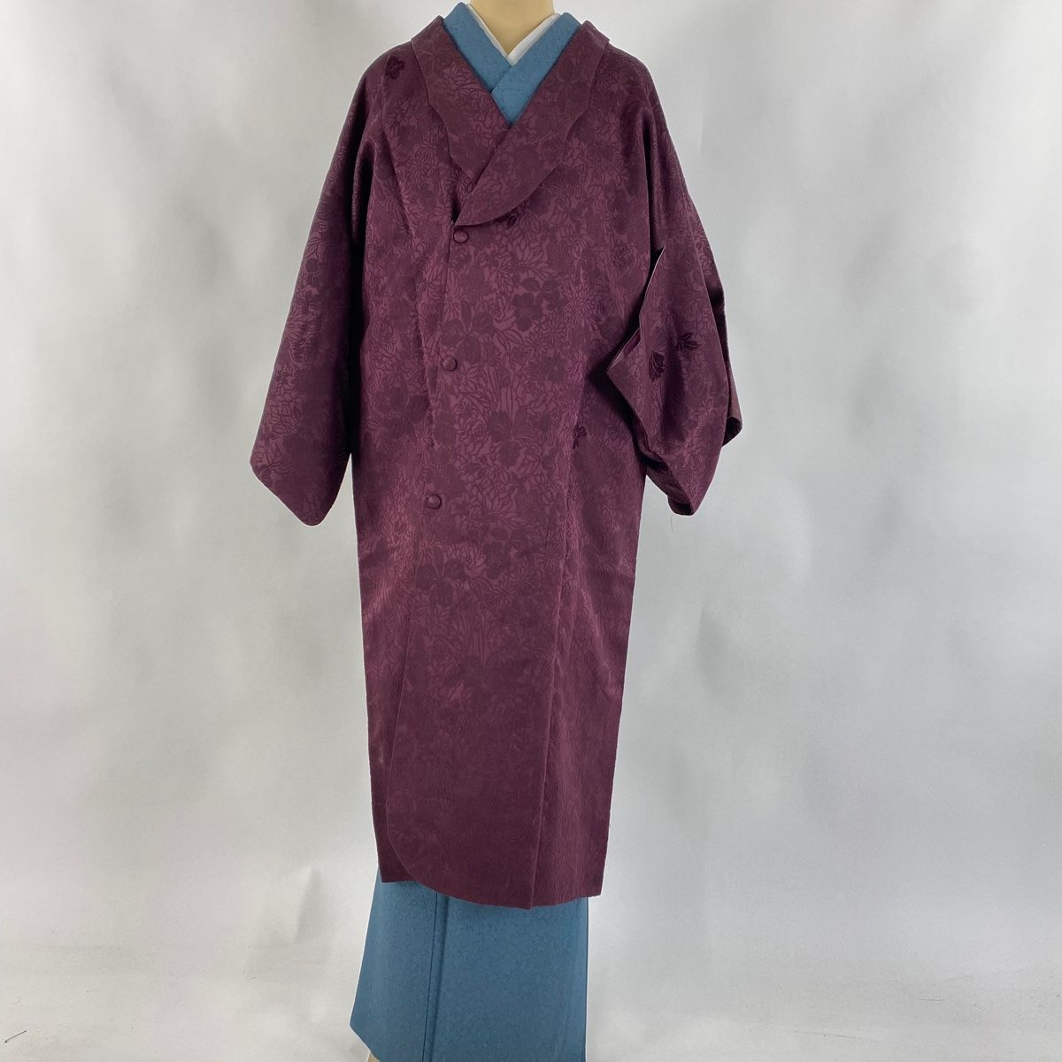 道行 身丈115cm 裄丈64.5cm M 和装コート へちま衿 地紋 草花 赤紫 正絹 秀品