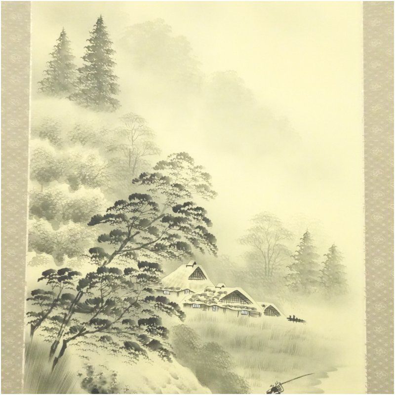 【本表装】肉筆掛け軸水墨画　山水画「山峡帆影」美術品　絵画　和室　茶室　床の間 楽天市場】【中古】【スーパーSALE10%オフ】【書画】理山筆 水墨
