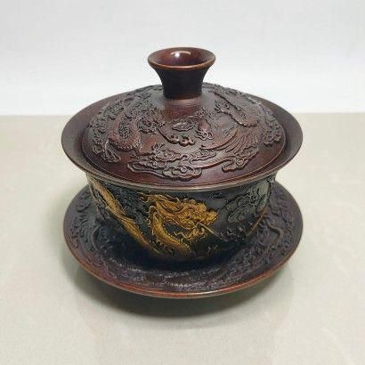 銅器 中国茶器 龍鳳呈祥銅鎏金三才蓋碗 茶碗 カップ 工芸品 置物 銅器 中国茶器 龍鳳呈祥銅?金三才蓋碗 茶碗 カップ 工芸品 置物