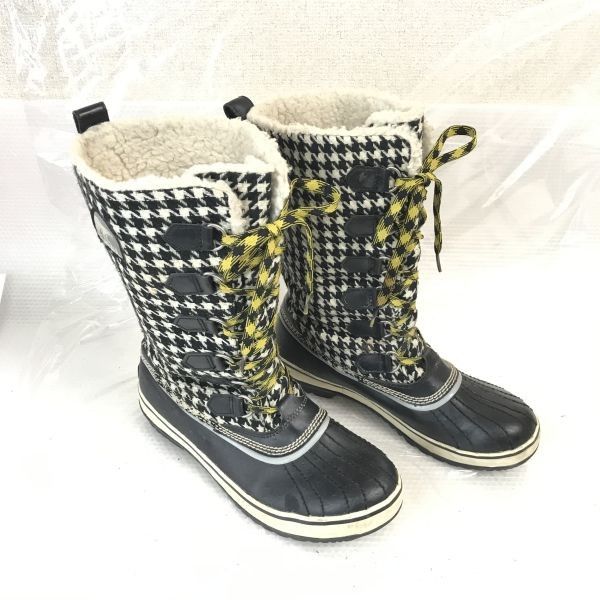 カナダ老舗 ソレル| SOREL 暖かボア|スノーブーツ 25.0|黒チェック柄|BLACK 雪作業|防水 bWB83-7