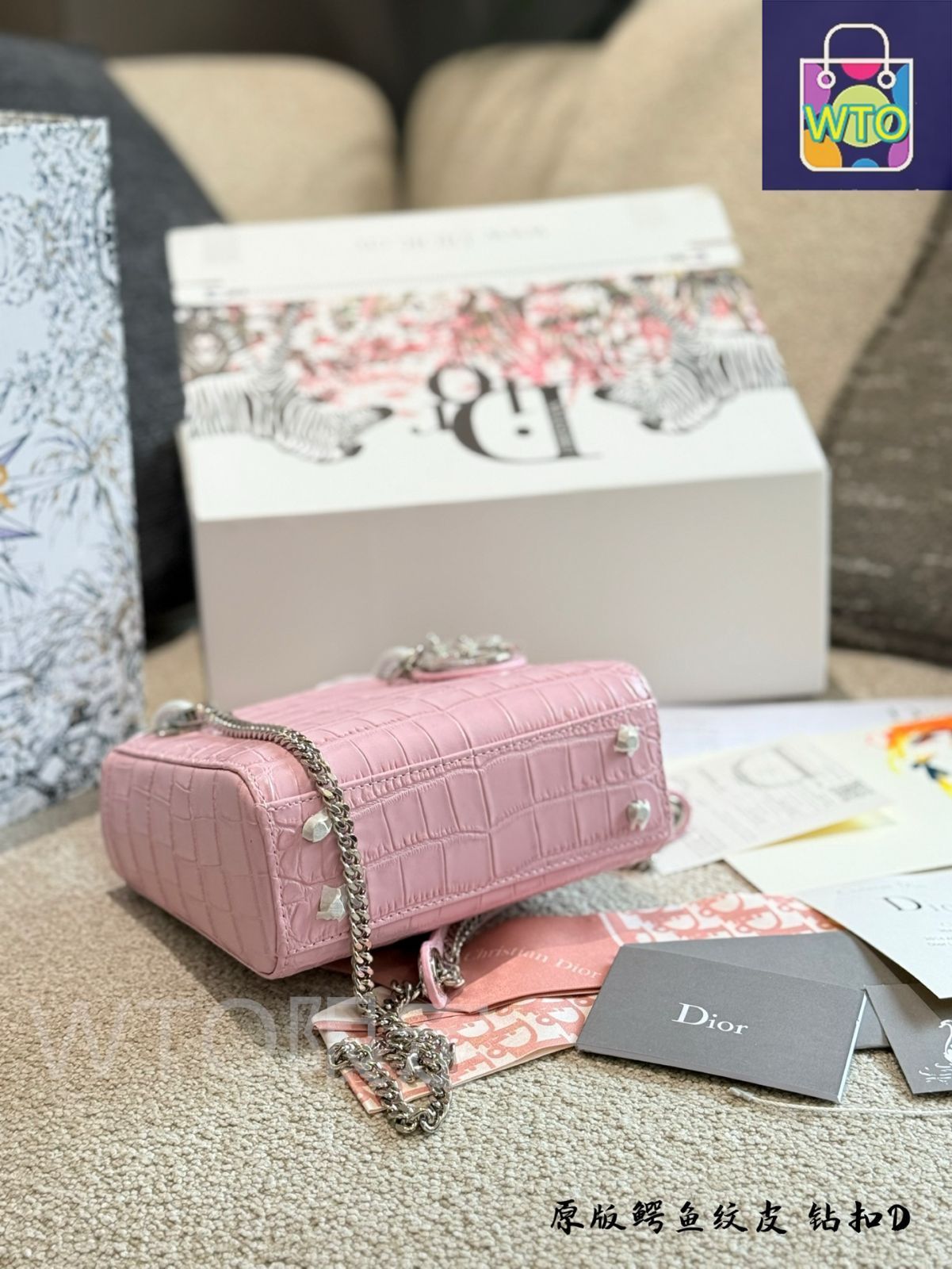 今日特価】DIOR Lady Dior Crocodile Embossed Leather Bag